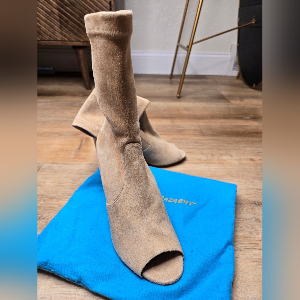 Camel colored designer booties peep toe